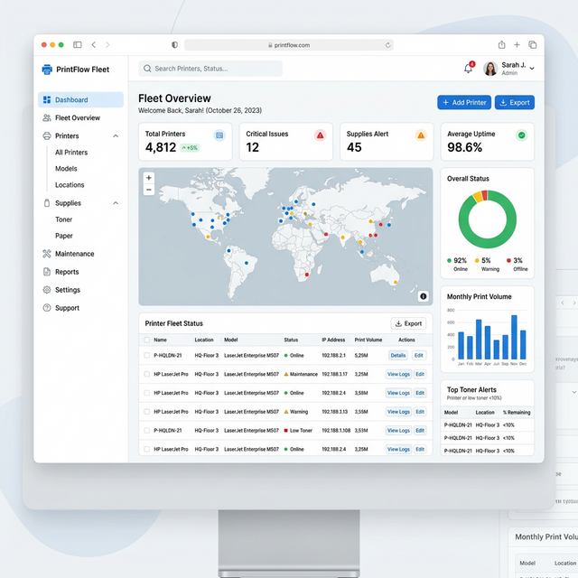 Tong Kong Service Records dashboard showing printer fleet management interface