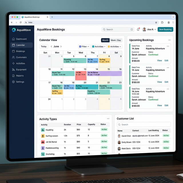 ZS Watersports admin panel showing booking management for watersport activities
