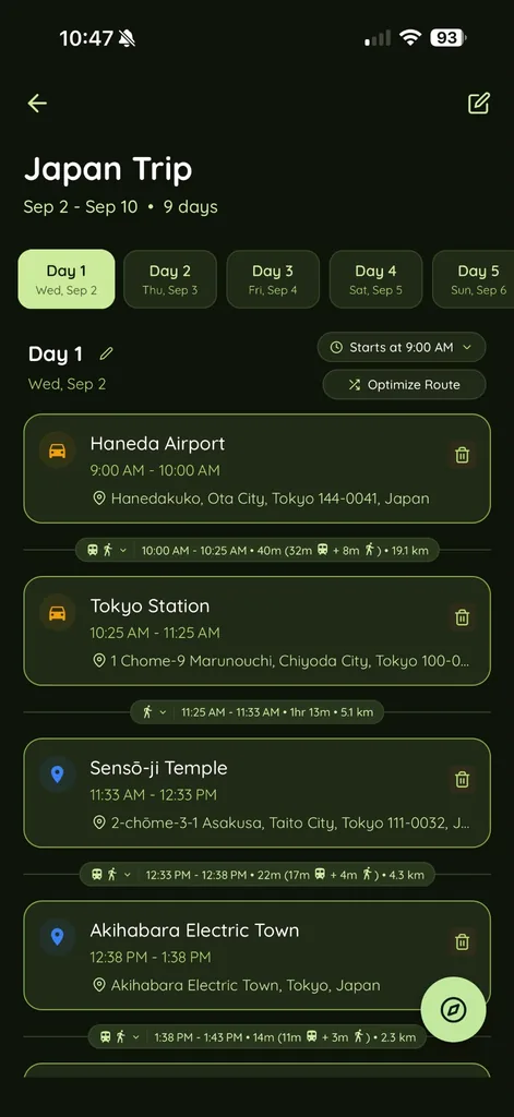 QuickTrip app showing a day-by-day Japan itinerary with travel times between stops