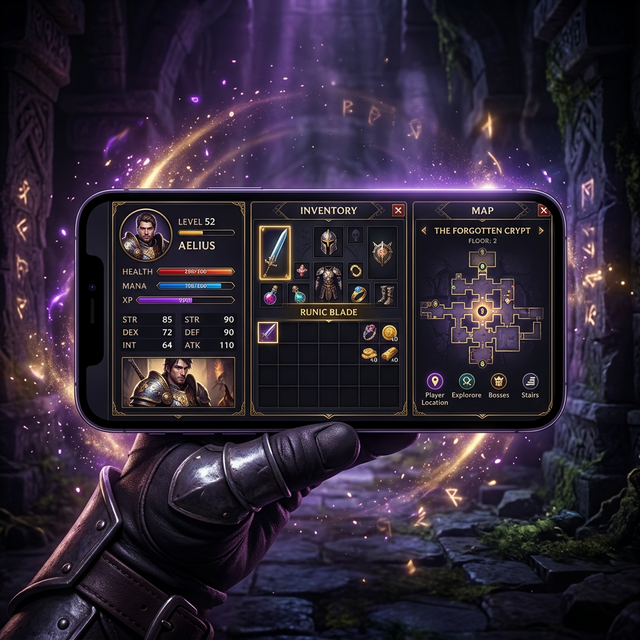 Runegrind RPG game showing fantasy combat and character progression